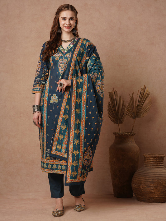 Mughal Floral Printed & Resham Hand Embroidered Straight Kurta with Pant & Dupatta - Teal Blue