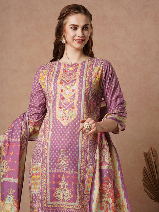 Ornamental Floral Printed & Resham Embroidered Straight Kurta with Pant & Dupatta - Purple