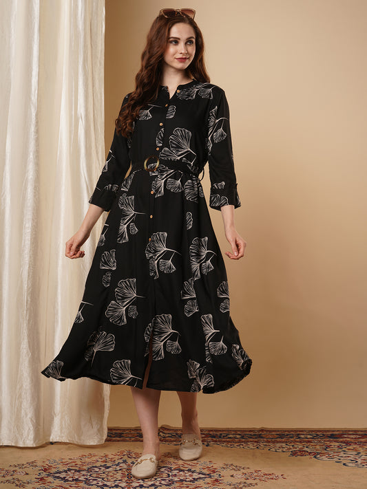 Floral Printed A-Line Flared Midi Dress - Black
