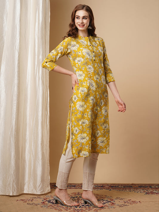 Floral Printed & Kantha Woven Straight Cut Kurta - Yellow