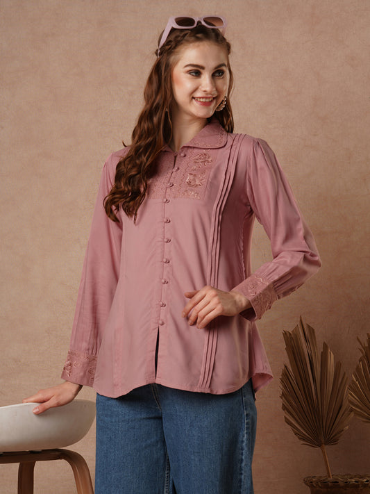 Solid Floral Resham Embroidered Straight Fit Short Kurti - Peach