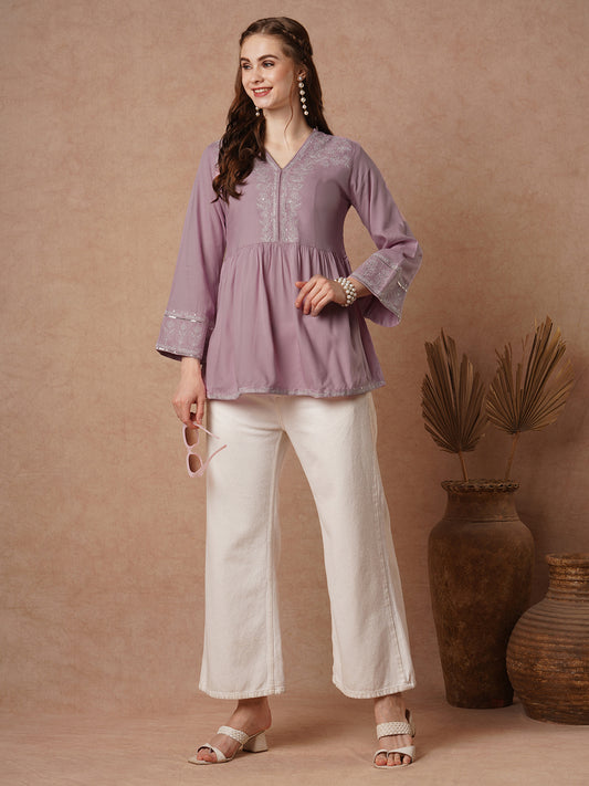 Pink Floral Threadwork Embroidered Straight Fit Pleated Kurti - Pink