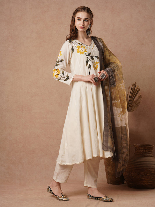 Floral Hand Painted Anarkali Flared Kurta with Pant & Printed Dupatta - Off White
