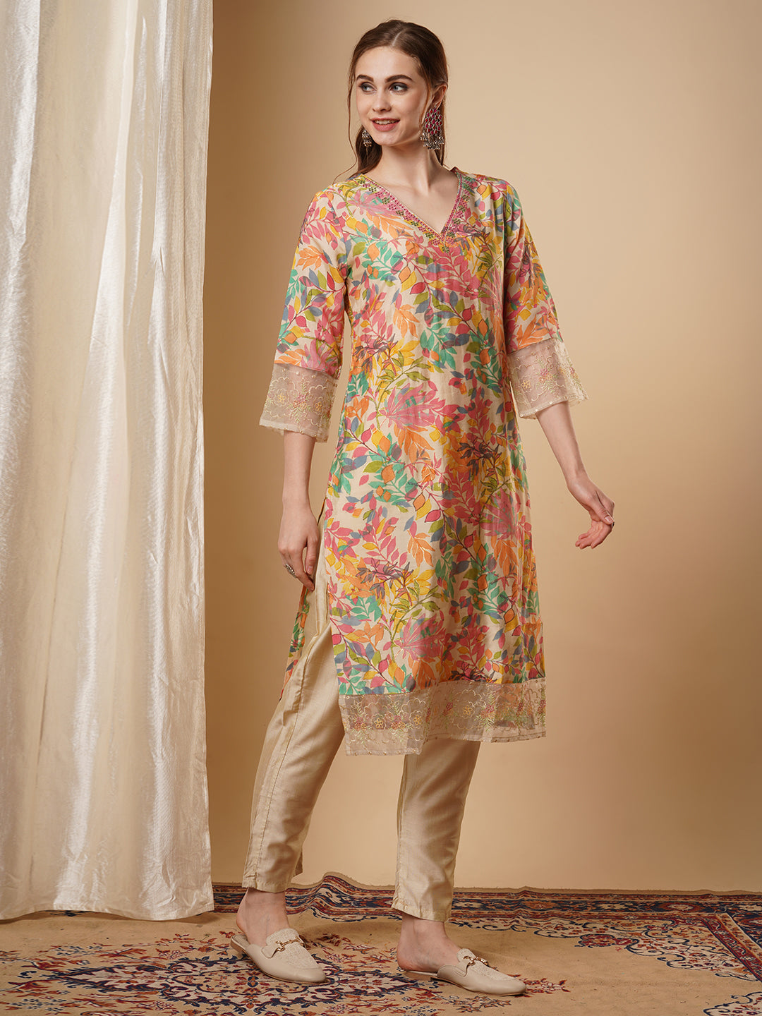 Floral Foil Printed & Embroidered Straight Kurta with Pant - Multi