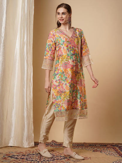 Floral Foil Printed & Embroidered Straight Kurta with Pant - Multi