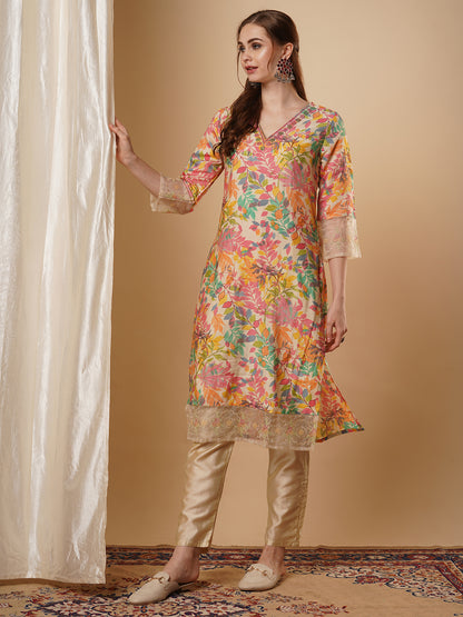 Floral Foil Printed & Embroidered Straight Kurta with Pant - Multi