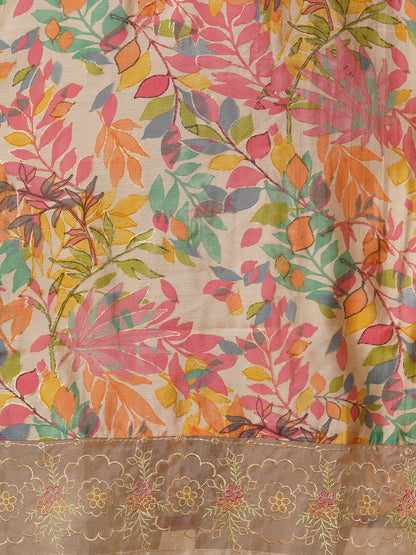 Floral Foil Printed & Embroidered Straight Kurta with Pant - Multi