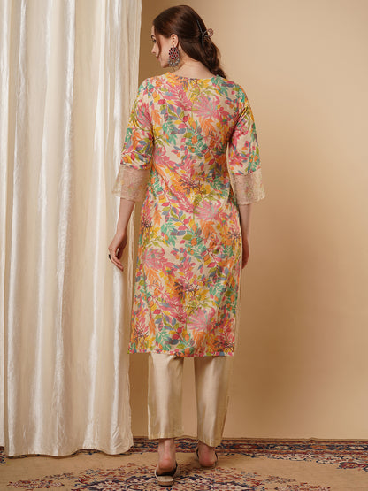 Floral Foil Printed & Embroidered Straight Kurta with Pant - Multi