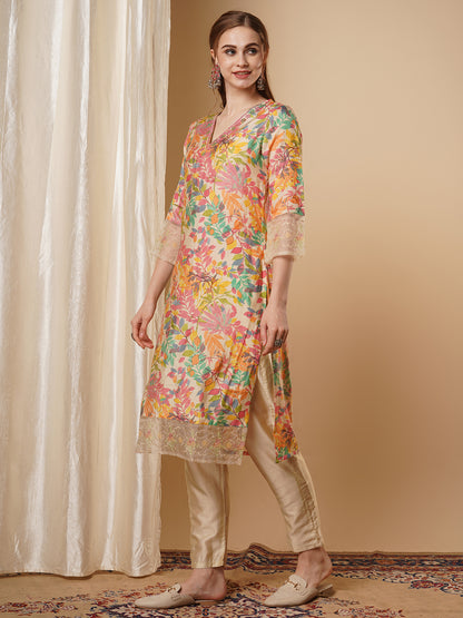 Floral Foil Printed & Embroidered Straight Kurta with Pant - Multi