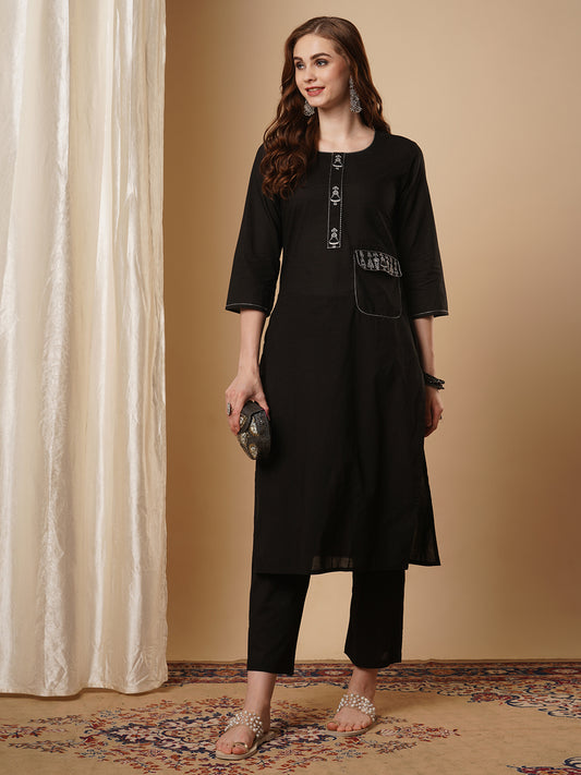 Solid Figurative Thread Embroidered Straight Fit Co-ord Set - Black