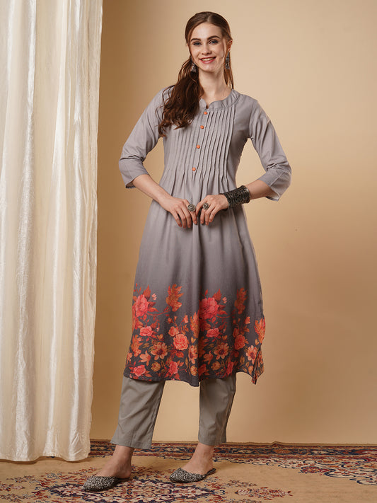 Solid Pin Tucked & Floral Printed Hem A-line Kurta with Pant - Grey