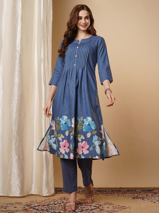 Solid Pin Tucked & Floral Printed Hem A-line Kurta with Pant - Blue