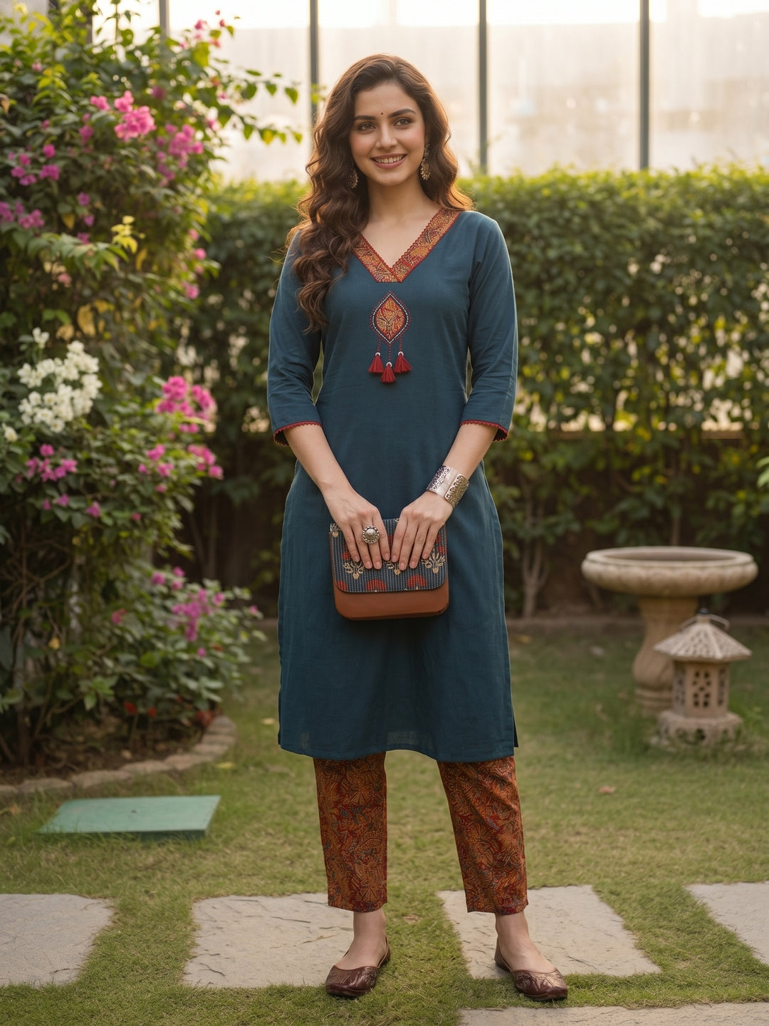 Solid Parchwork A-line Flared Cotton Flax Kurta with Printed Pant - Blue