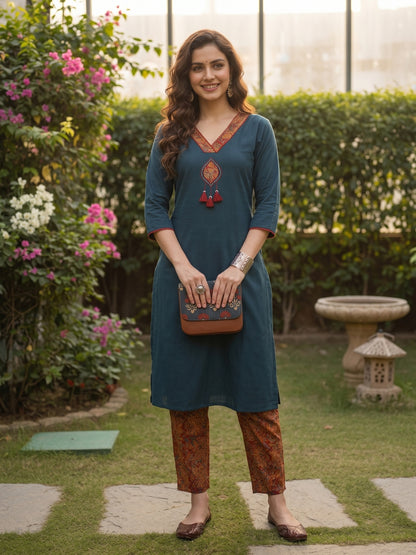 Solid Parchwork A-line Flared Cotton Flax Kurta with Printed Pant - Blue