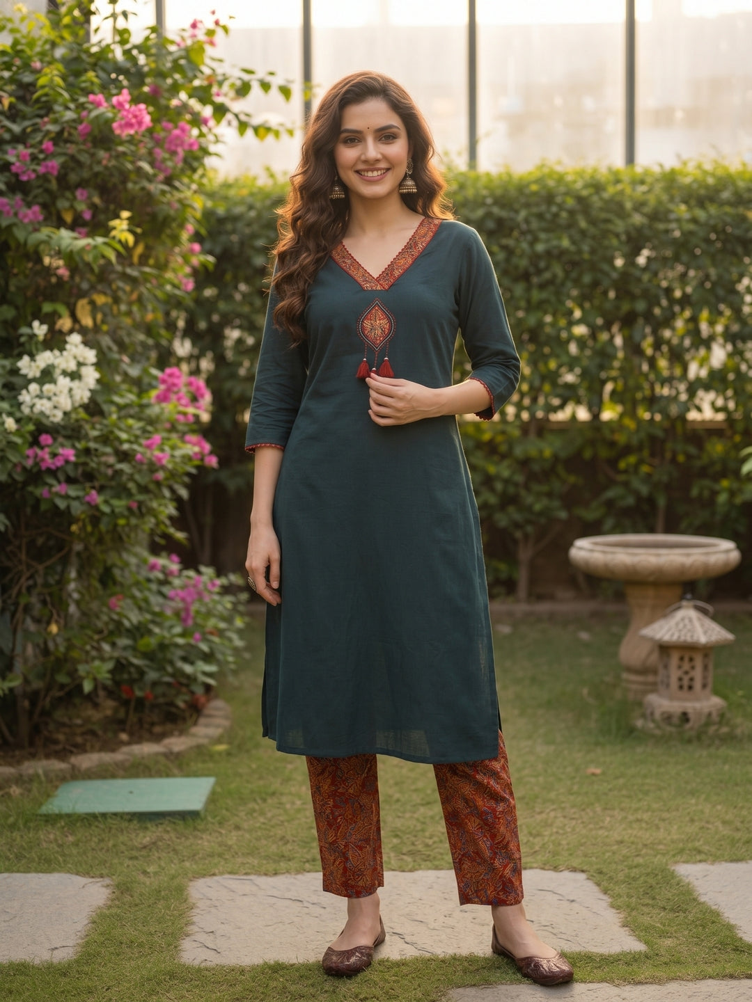 Solid Parchwork A-line Flared Cotton Flax Kurta with Printed Pant - Blue