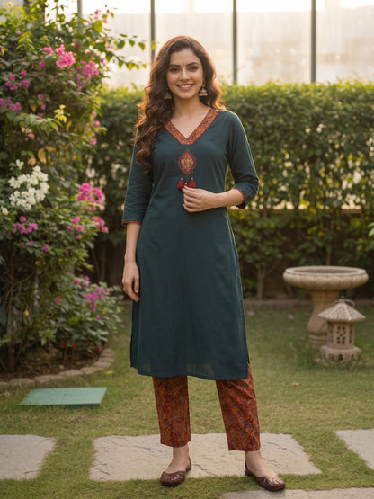 Solid Parchwork A-line Flared Cotton Flax Kurta with Printed Pant - Blue
