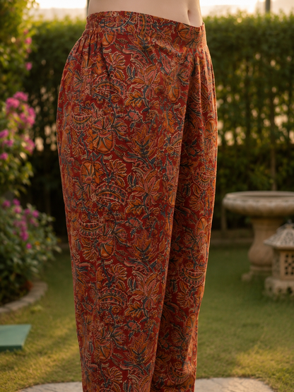 Solid Parchwork A-line Flared Cotton Flax Kurta with Printed Pant - Blue