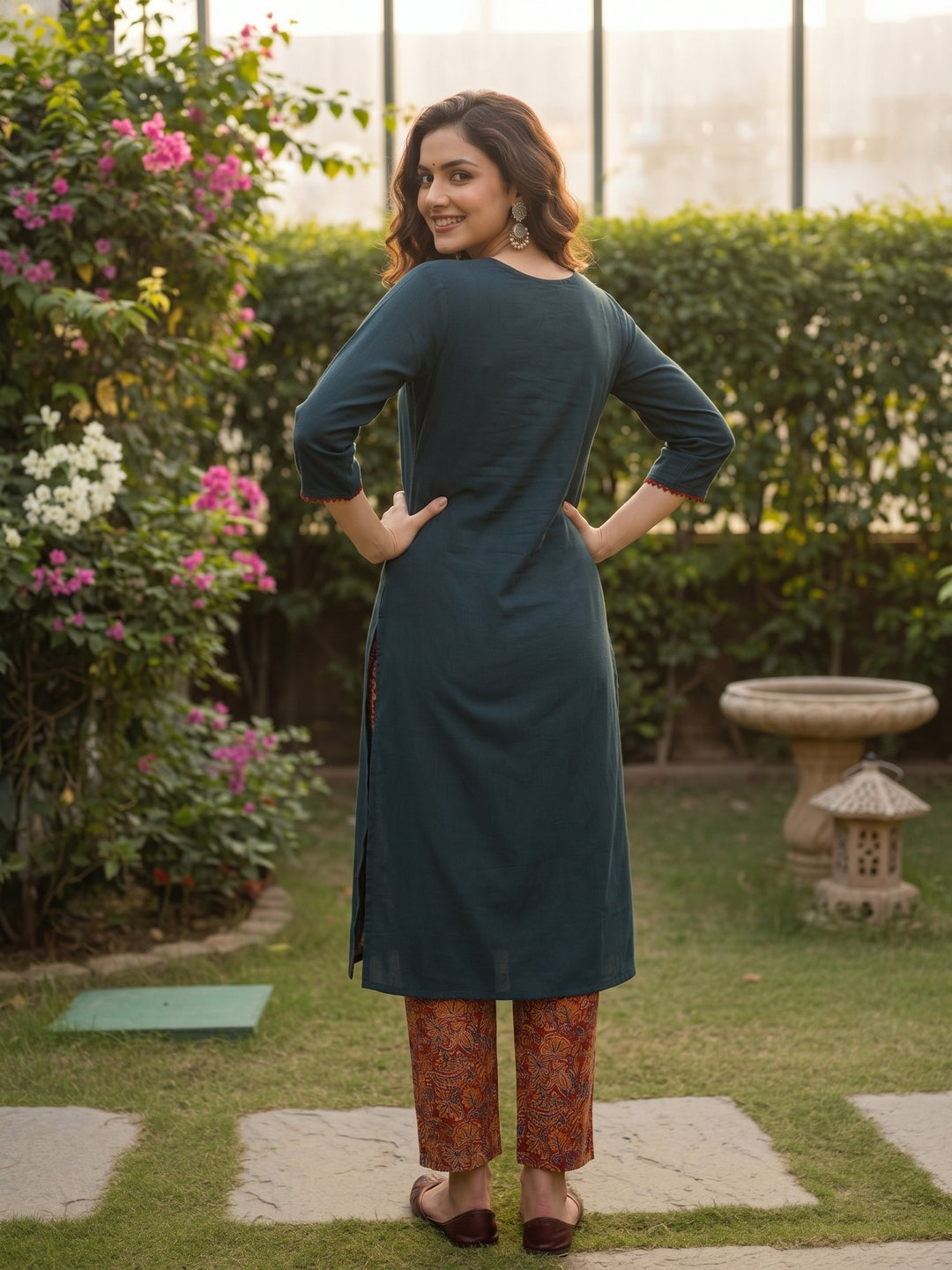 Solid Parchwork A-line Flared Cotton Flax Kurta with Printed Pant - Blue