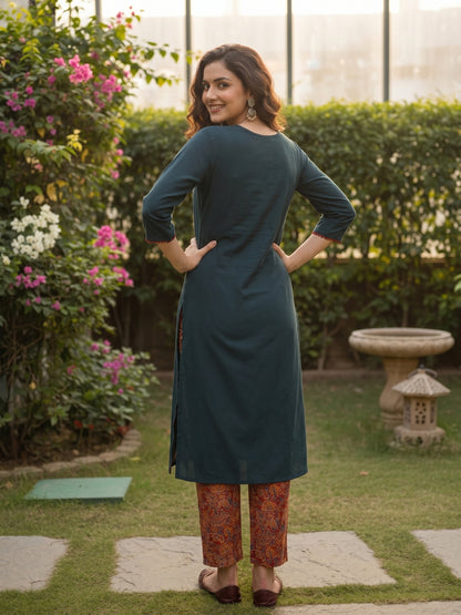 Solid Parchwork A-line Flared Cotton Flax Kurta with Printed Pant - Blue