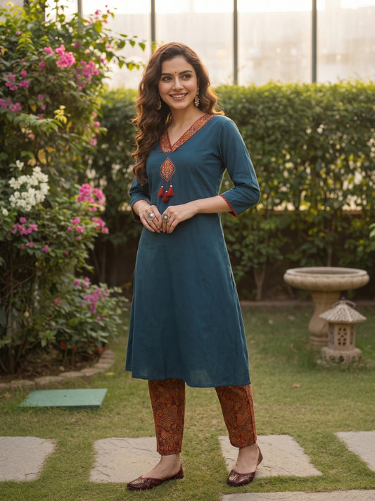 Solid Parchwork A-line Flared Cotton Flax Kurta with Printed Pant - Blue