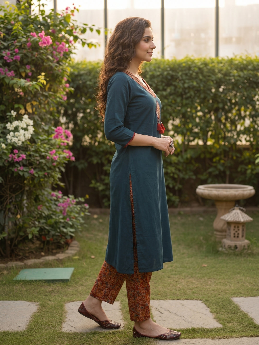 Solid Parchwork A-line Flared Cotton Flax Kurta with Printed Pant - Blue