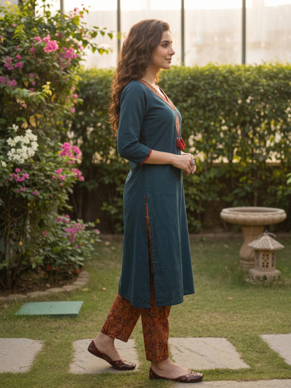 Solid Parchwork A-line Flared Cotton Flax Kurta with Printed Pant - Blue