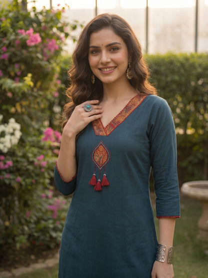Solid Parchwork A-line Flared Cotton Flax Kurta with Printed Pant - Blue