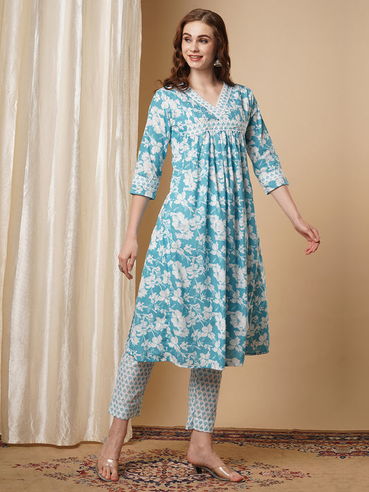 Ethnic Floral Printed A-Line Pleated Kurta with Pant - Blue