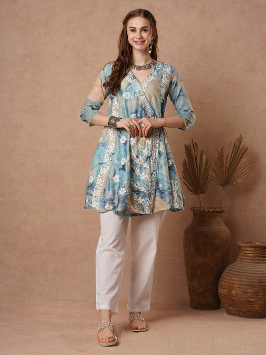 Abstract Printed & Chikankari Work Angrakha Style Kurta with Pant - Blue