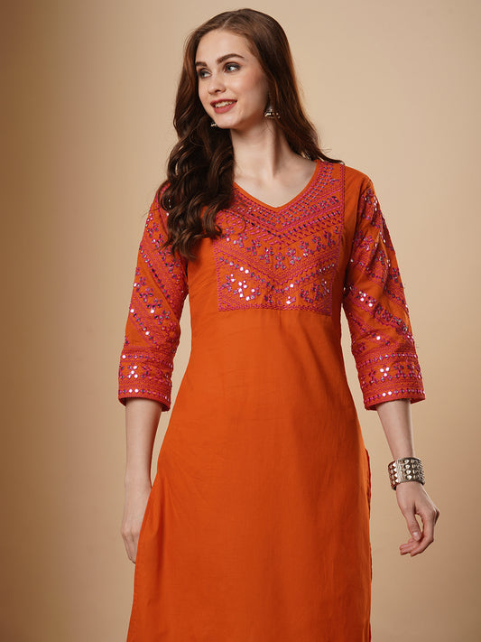 Solid Ethnic Mirror Embroidered Straight Fit Co-ord Set - Orange