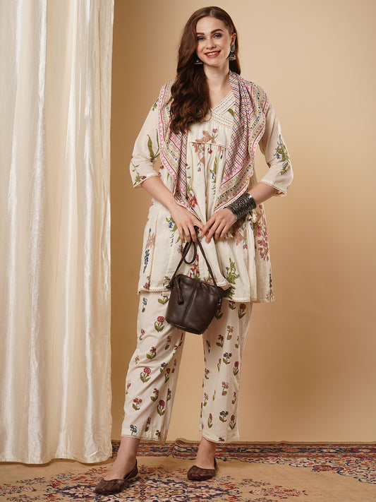 Quirky Floral Printed A-Line Pleated Kurta with Pant & Stole - Off White