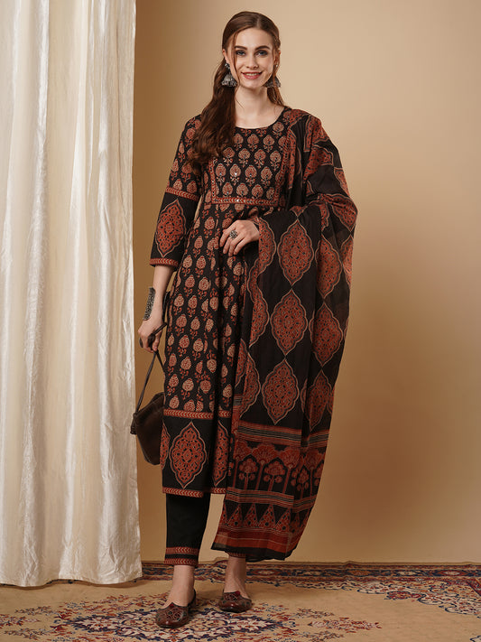 Ethnic Booti Printed & Mirror Embroidered Anarkali Kurta with Pant & Dupatta - Brown