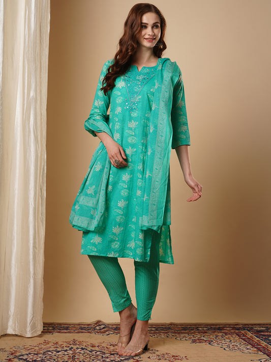 Floral & Stripes Printed Embroidered Straight Cut Kurta with Pant & Dupatta - Green