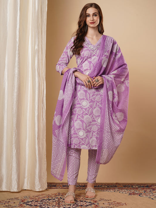 Floral & Chevron Printed Straight Kurta with Pant & Pure Cotton Dupatta - Purple