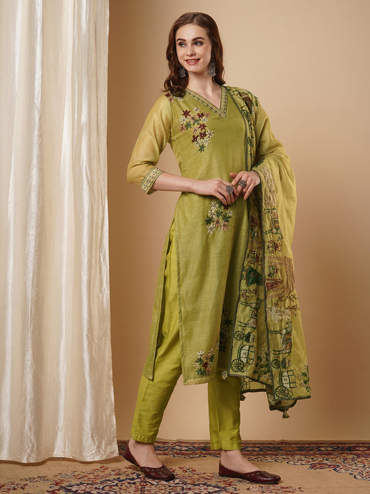 Ethnic Floral Printed & Hand Embroidered Straight Kurta with Pant & Dupatta - Green