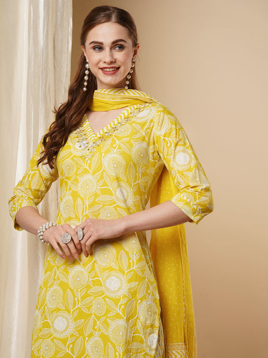 Floral & Chevron Printed Straight Kurta with Pant & Pure Cotton Dupatta - Yellow