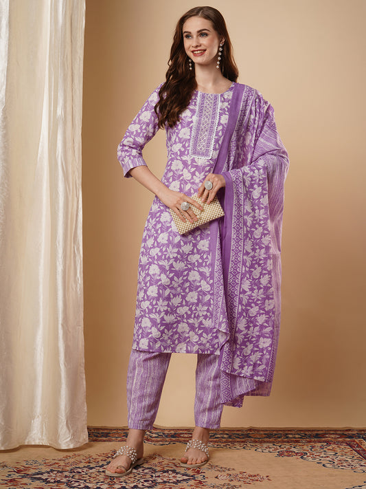 Floral & Stripes Printed Straight Kurta with Pant & Pure Cotton Dupatta - Purple