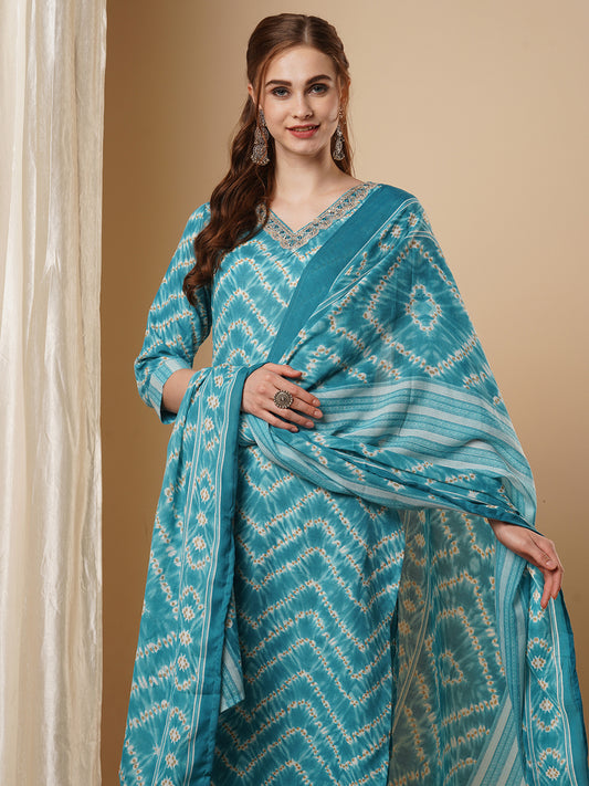 Ethnic Chevron Printed & Embroidered Straight Kurta with Pant & Dupatta - Turquoise Blue