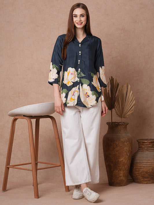 Abstract Floral Printed Straight Fit Short Kurti - Black