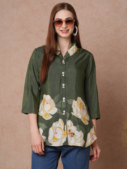 Abstract Floral Printed Straight Fit Short Kurti - Green
