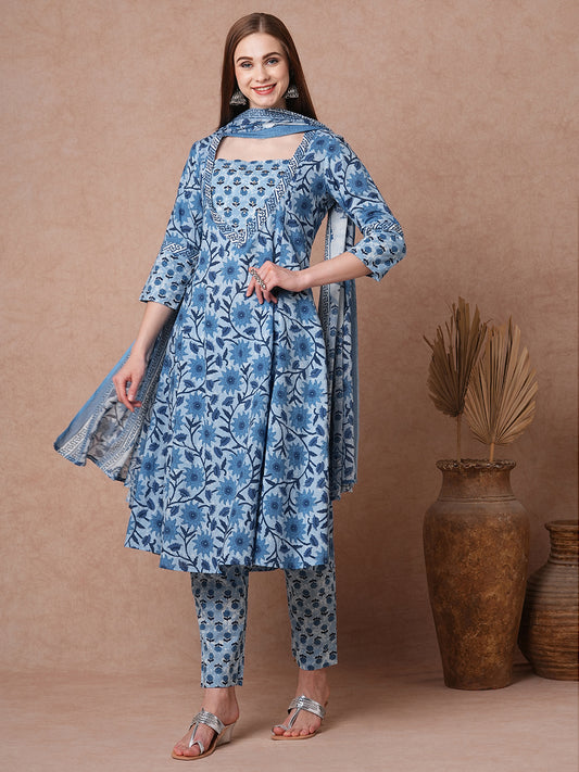 Ethnic Floral Printed Anarkali Flared Kurta with Pant & Dupatta - Blue