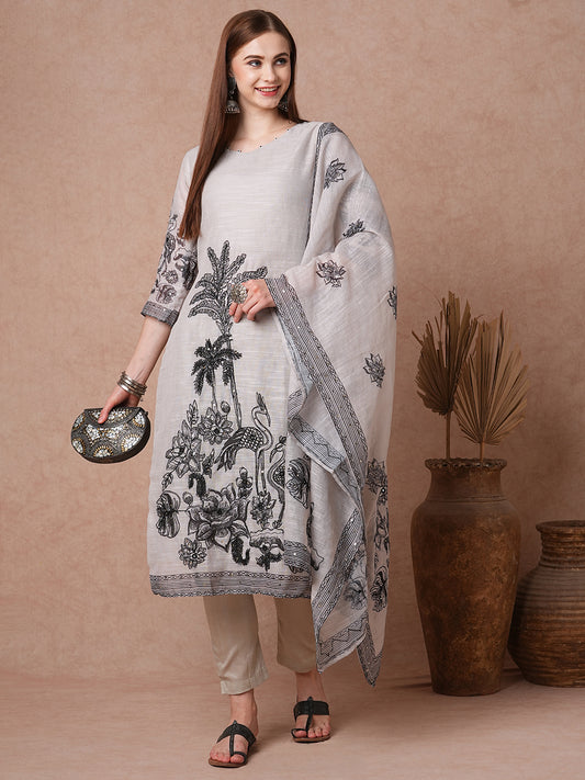 Solid Ethnic Flamingo Printed & Hand Embroidered Straight Fit Kurta Set - Grey
