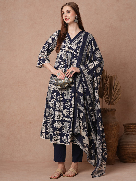 Ethnic Tribal Printed & Embroidered A-Line Kurta with Pant & Dupatta - Navy Blue