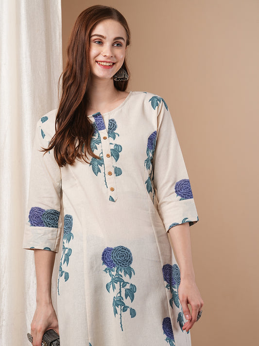 Floral Boota Printed A-Line Paneled Cotton Flax Kurta - Off White