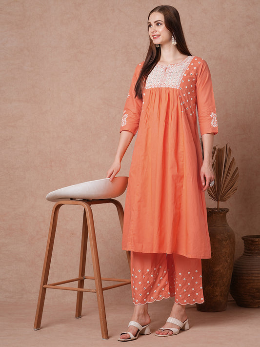 Solid Chikankari Embroidered A-Line Pleated Kurta with Scalloped Palazzo - Orange