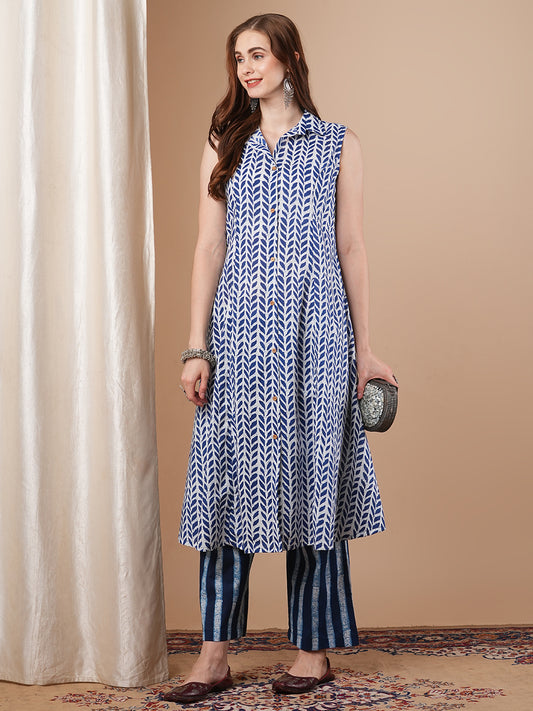 Ethnic Floral Printed A-Line Paneled Kurta with Palazzo - Blue