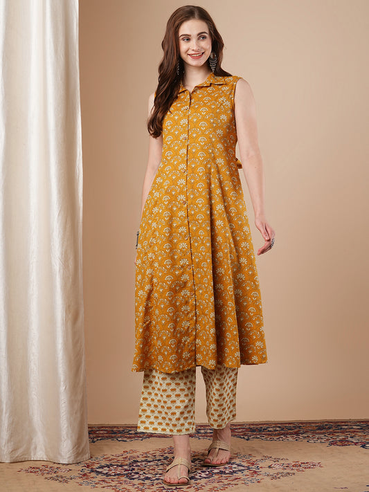 Ethnic Floral Printed A-Line Paneled Kurta with Palazzo - Mustard