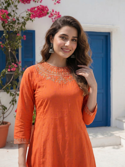 Solid Polka Dot Printed & Zari Work A-Line Paneled Kurta with Pant - Orange