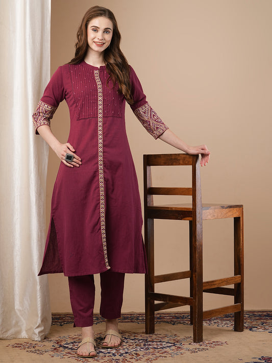 Ethnic Geometric Embroidered Solid Straight Fit Co-ord Set - Burgundy