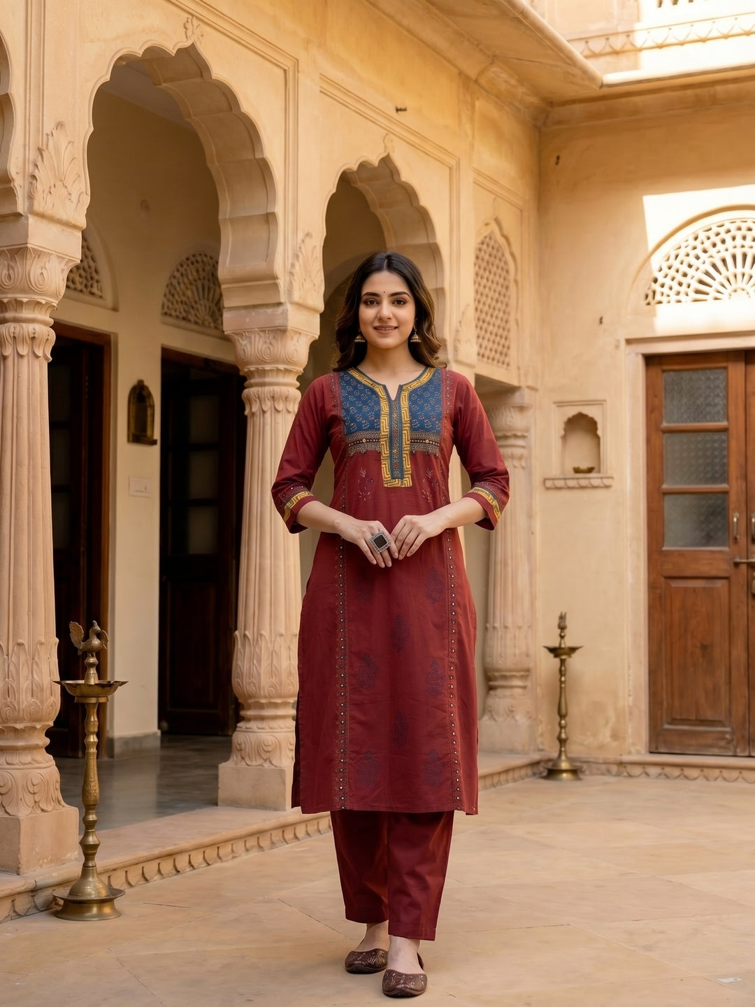 Solid Ethnic Embroidered A-Line Paneled Kurta with Pant - Maroon